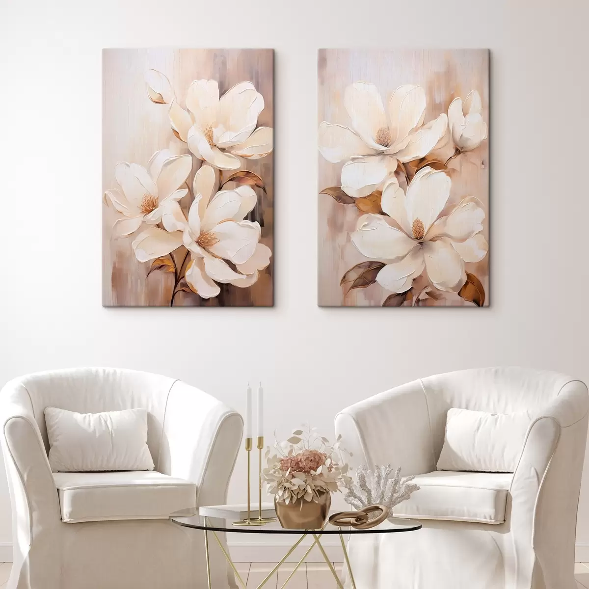 Fototapete Weiße Magnolienblüten vor einem weichen, unscharfen Hintergrund aus Beige- und Brauntönen, Malstil m00655
