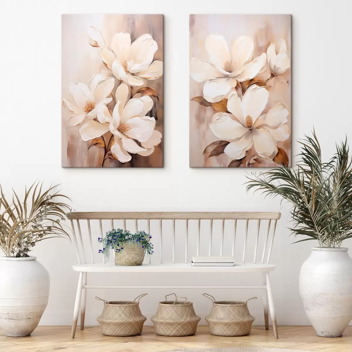 Fototapete Weiße Magnolienblüten vor einem weichen, unscharfen Hintergrund aus Beige- und Brauntönen, Malstil m00655