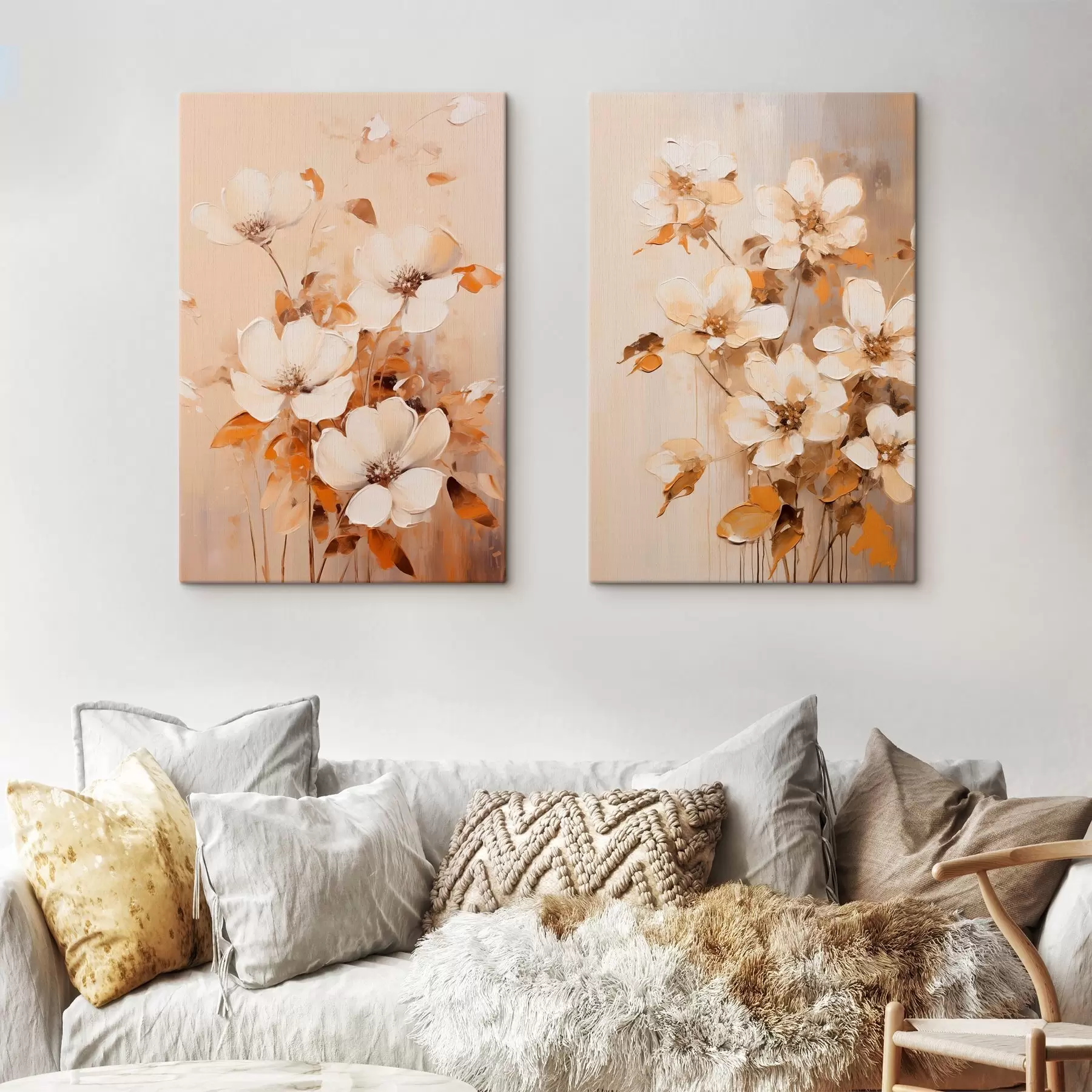 Fototapete Weiße Blumen mit orangefarbenen Blättern, zarte Pinselstriche, warme Farbpalette, elegante Komposition m00656
