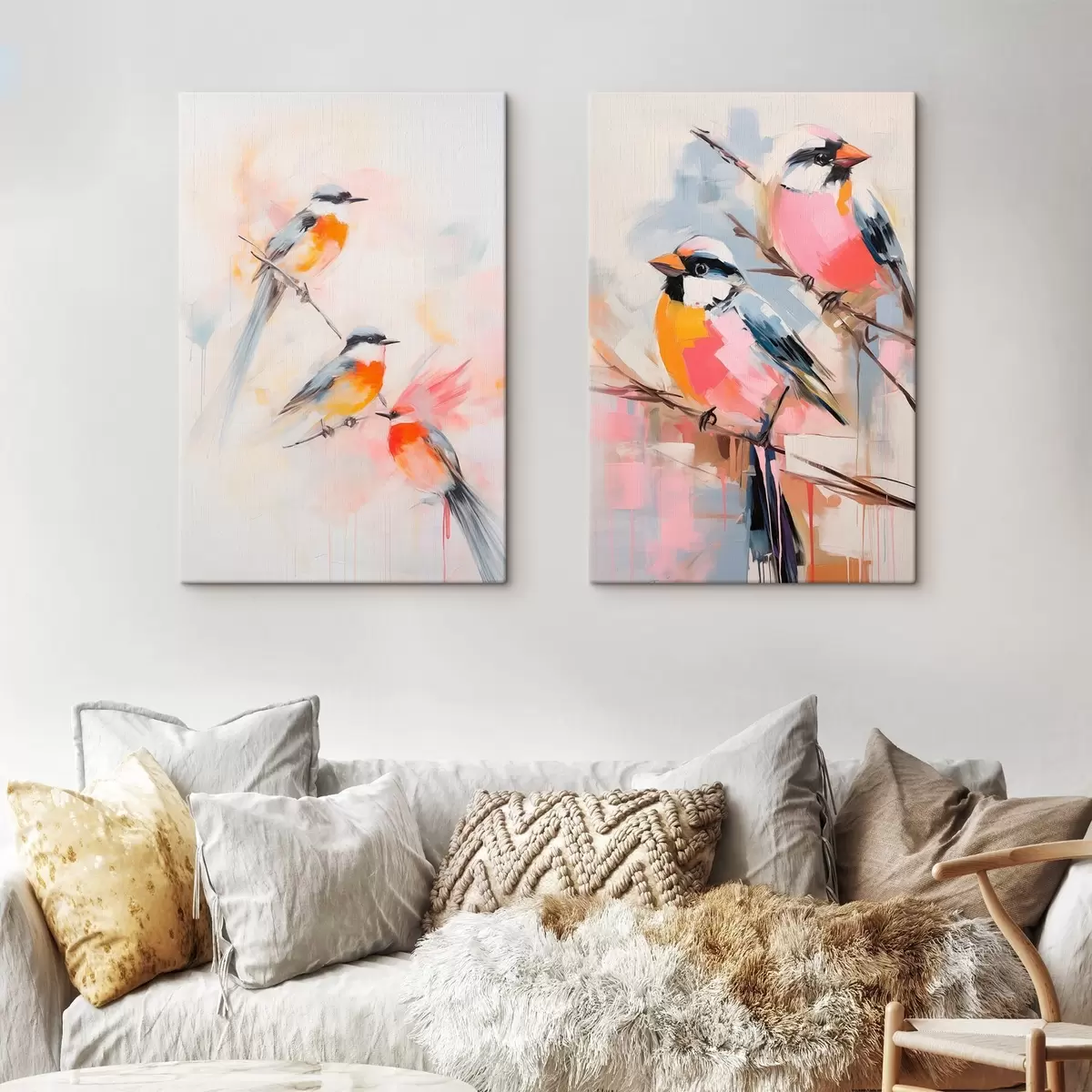 Fototapete Vögel auf Zweigen, weiche Pastellfarben, heller Hintergrund mit rosa und weißen Farbtönen m00658