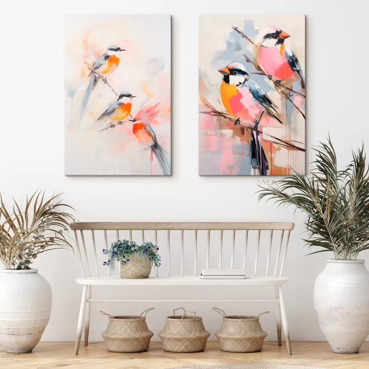 Fototapete Vögel auf Zweigen, weiche Pastellfarben, heller Hintergrund mit rosa und weißen Farbtönen m00658