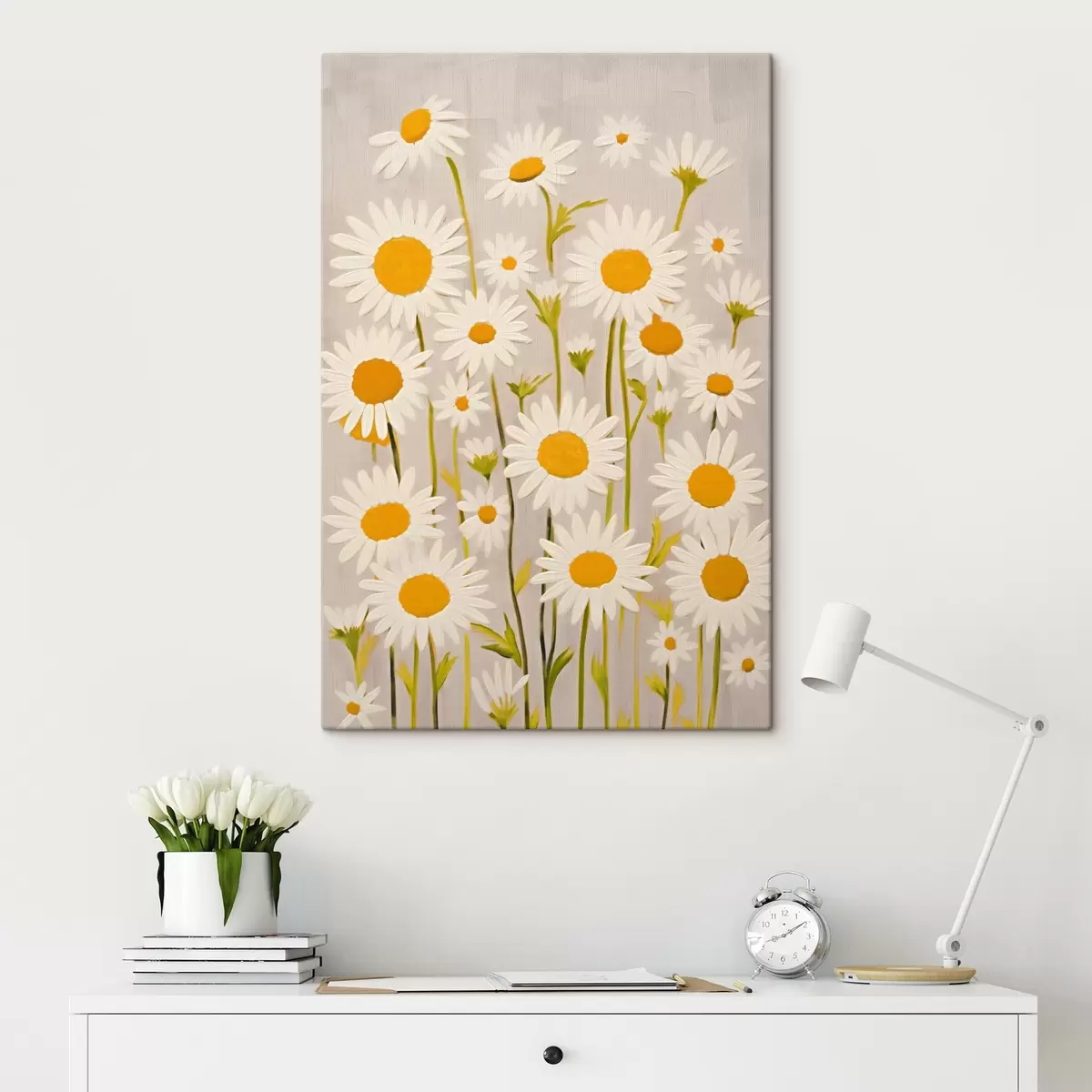 Fototapete Wildblumen: Komposition von Gänseblümchen auf einem hellen Hintergrund s45528