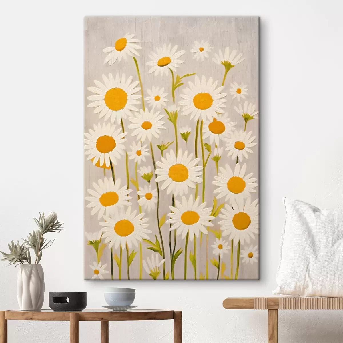 Fototapete Wildblumen: Komposition von Gänseblümchen auf einem hellen Hintergrund s45528