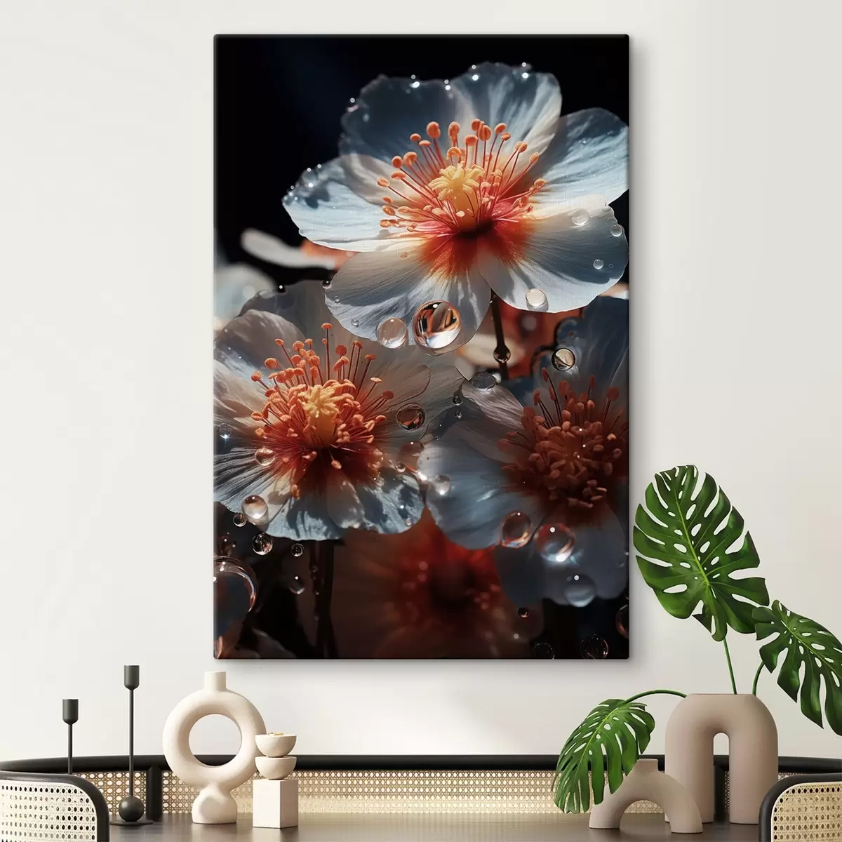 Fototapete Blumenmotiv: Schönheit der Blütenblätter mit Tau auf dunklem Hintergrund s45529
