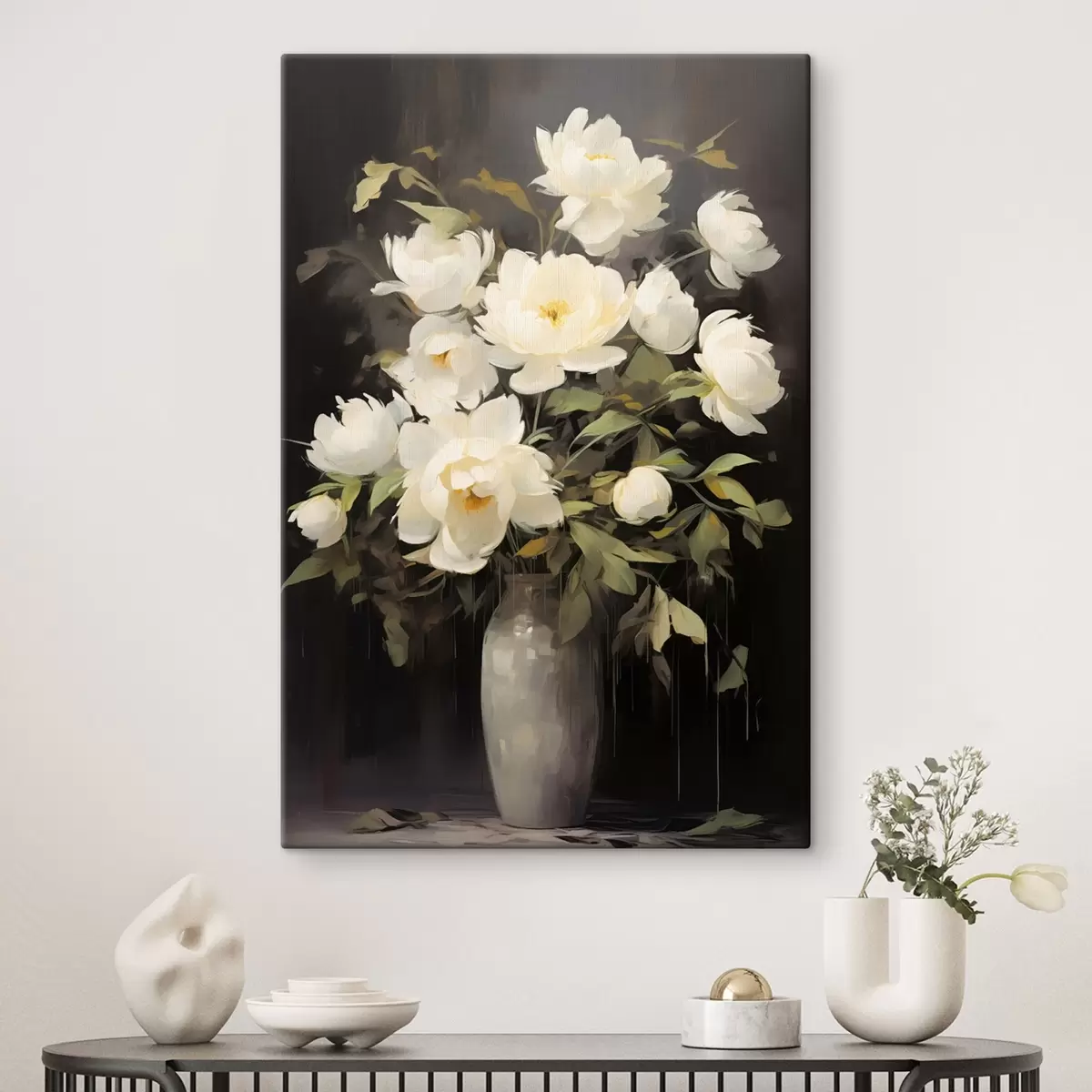 Fototapete Zarte Pfingstrosen in einer Vase: Blumenkomposition im Stil der Malerei s45532