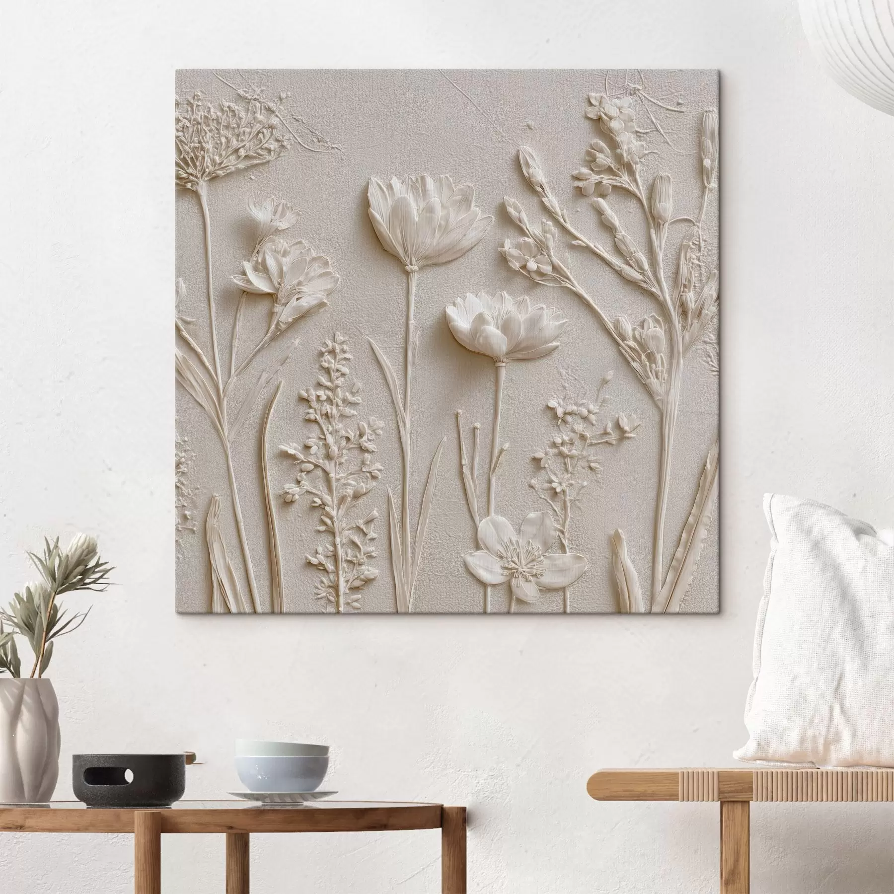 Fototapete Abstrakte Komposition: Basrelief-Stil mit Blumen auf hellem Hintergrund s45535