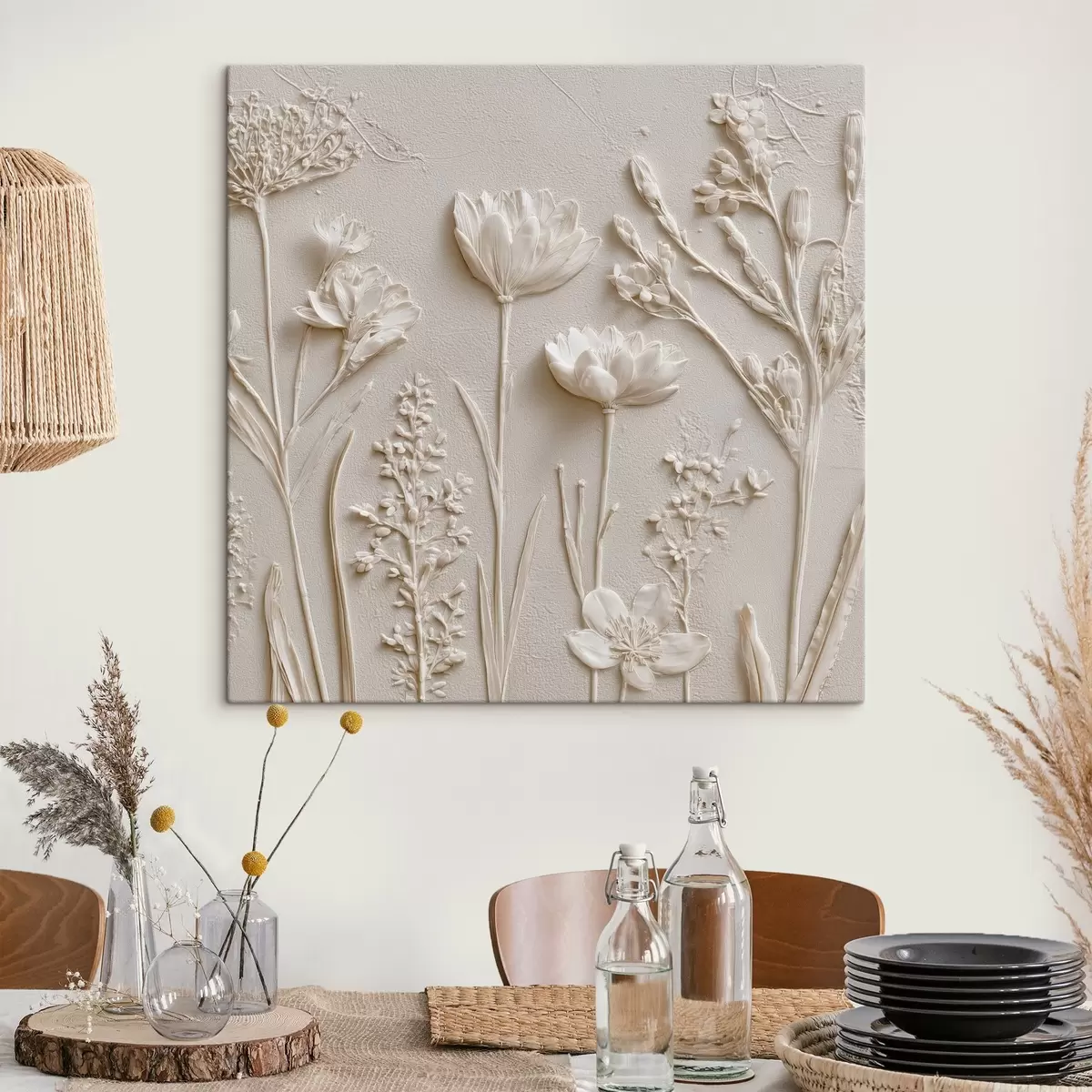 Fototapete Abstrakte Komposition: Basrelief-Stil mit Blumen auf hellem Hintergrund s45535