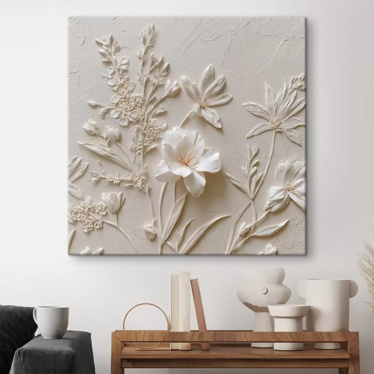 Fototapete Blumenmotiv: Basrelief mit Pflanzen auf hellem Hintergrund s45536