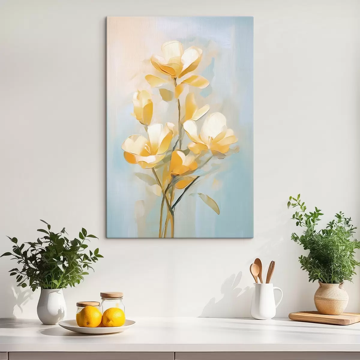 Fototapete Blumenmotiv: Blumenstrauß in hellen Gelb- und Blautönen s45540