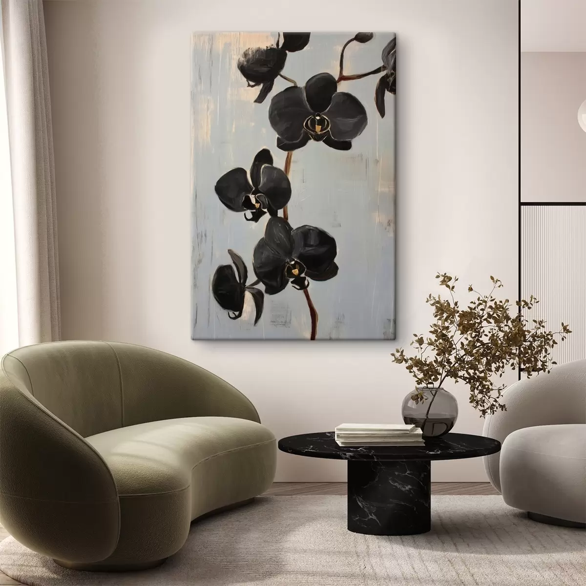 Fototapete Dekorative Orchideen: schwarze Blumen auf grauem Hintergrund s45547