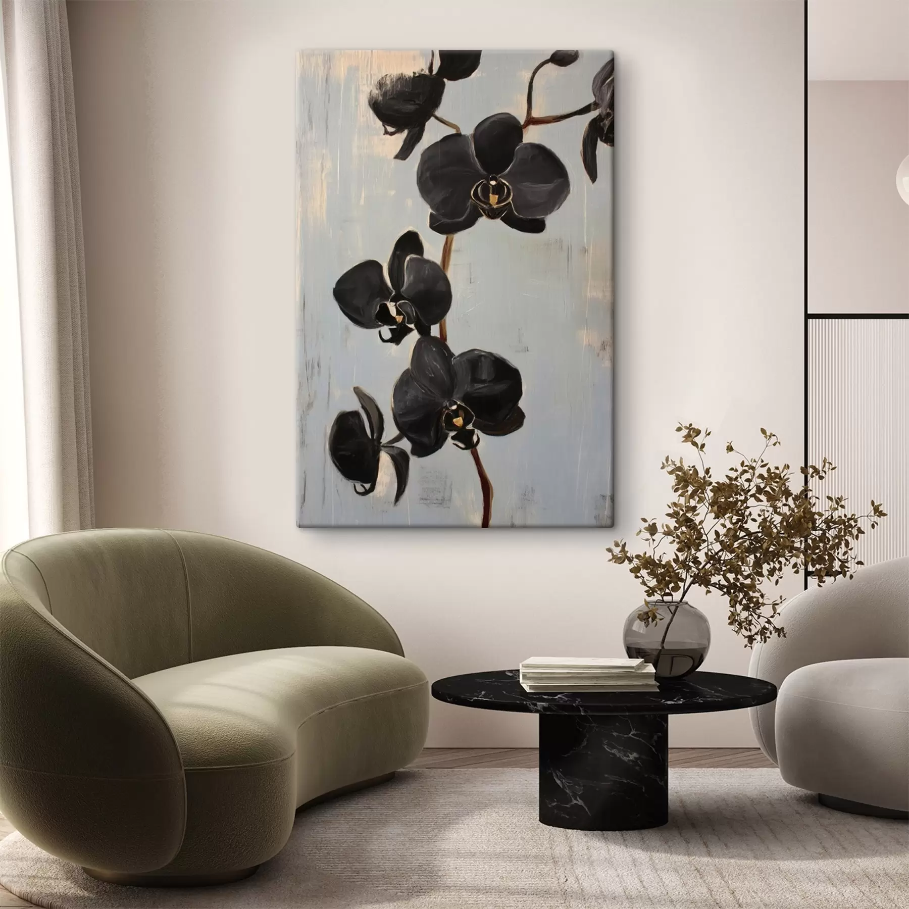 Fototapete Dekorative Orchideen: schwarze Blumen auf grauem Hintergrund s45547