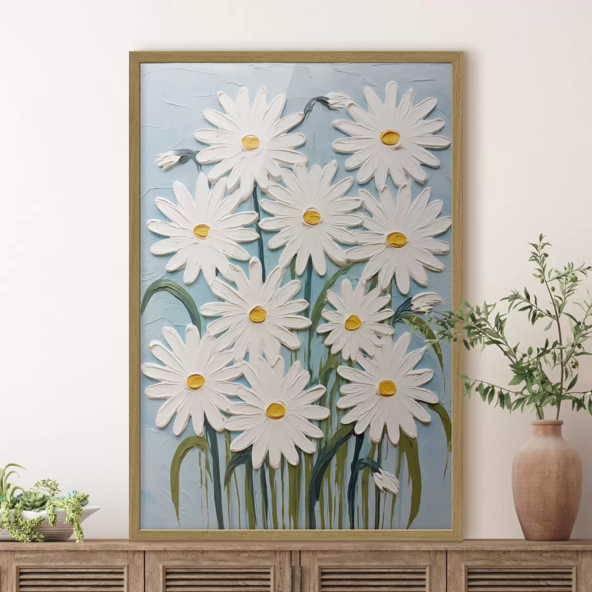 Poster Gänseblümchen im Stil der Reliefmalerei: Komposition auf blauem Hintergrund f45527