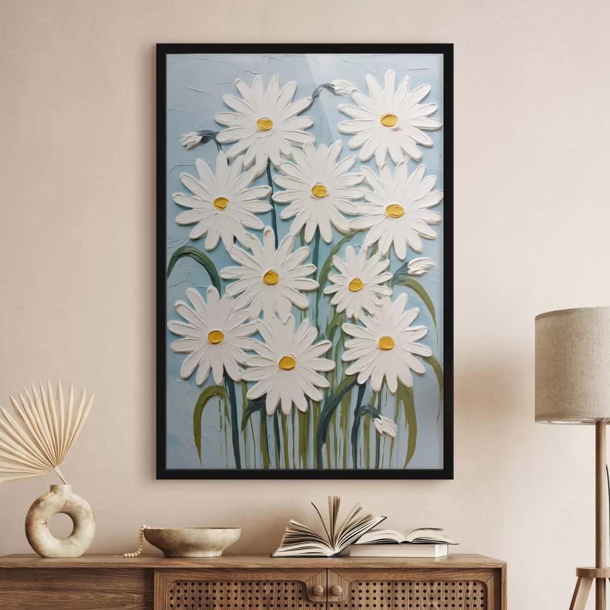 Poster Gänseblümchen im Stil der Reliefmalerei: Komposition auf blauem Hintergrund f45527