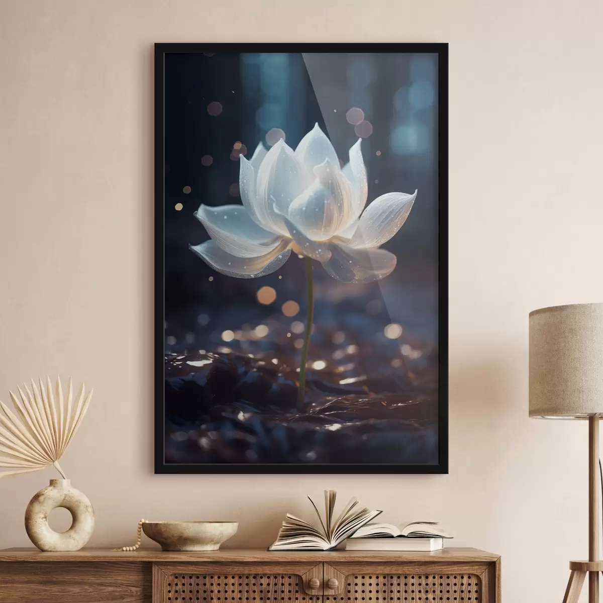 Poster Frischer Lotus: Blumenkomposition auf dunklem Hintergrund f45530
