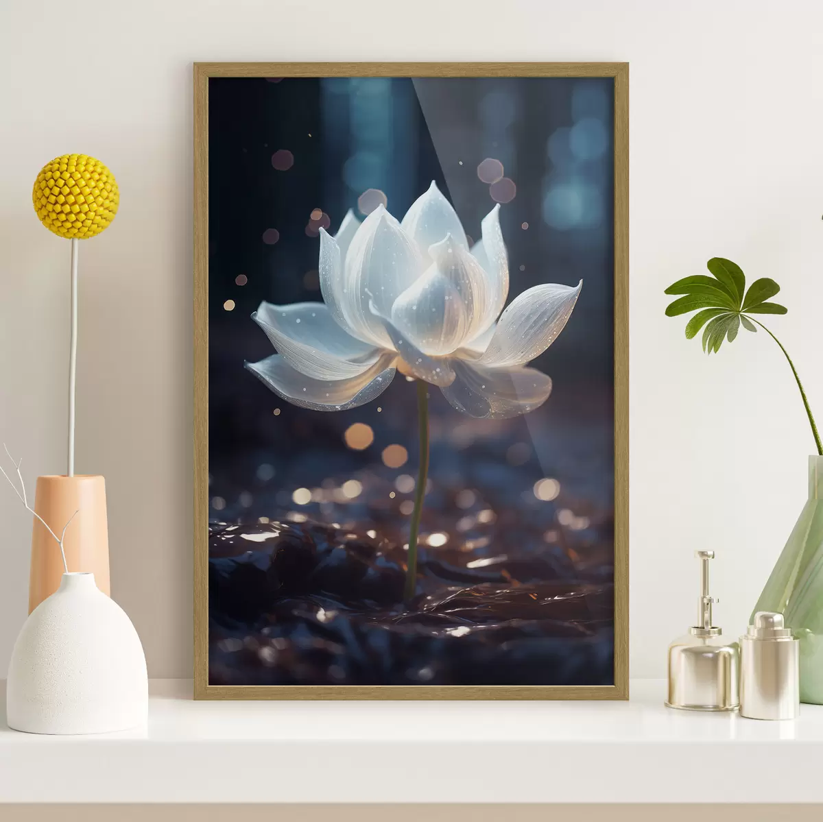 Poster Frischer Lotus: Blumenkomposition auf dunklem Hintergrund f45530
