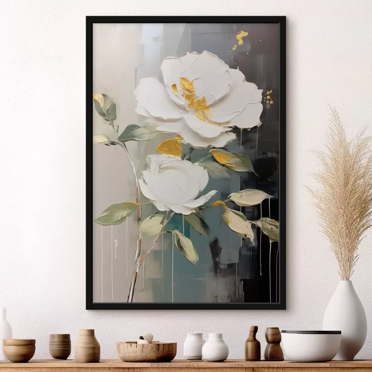 Poster Voluminöse Blumen: dekoratives Motiv in hellen und dunklen Tönen f45531