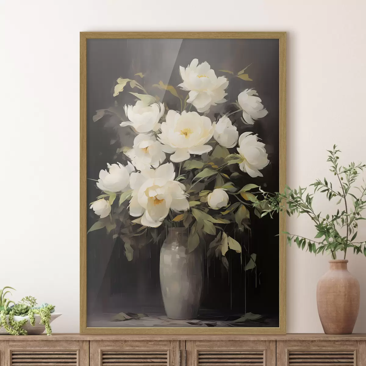 Poster Zarte Pfingstrosen in einer Vase: Blumenkomposition im Stil der Malerei f45532