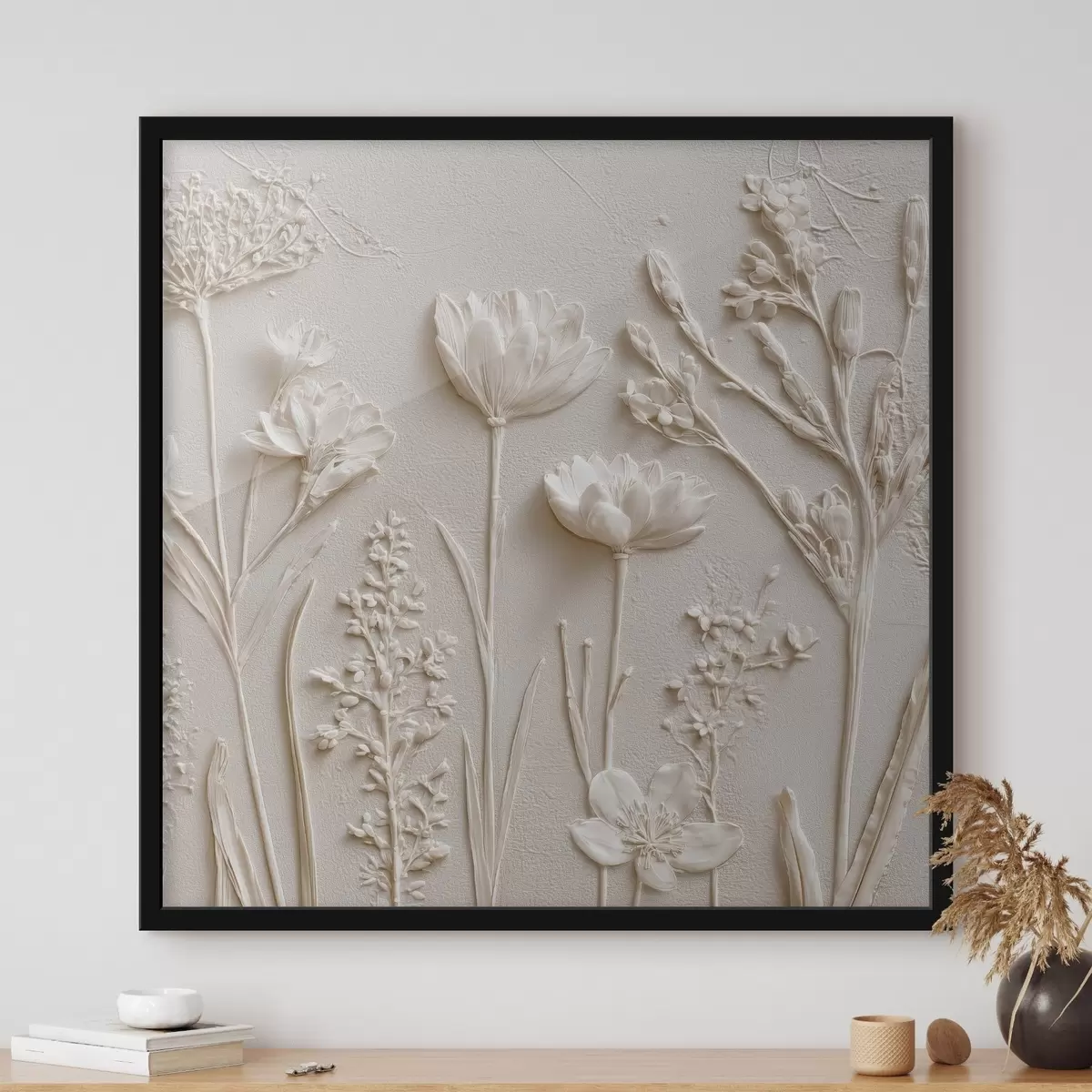 Poster Abstrakte Komposition: Basrelief-Stil mit Blumen auf hellem Hintergrund f45535