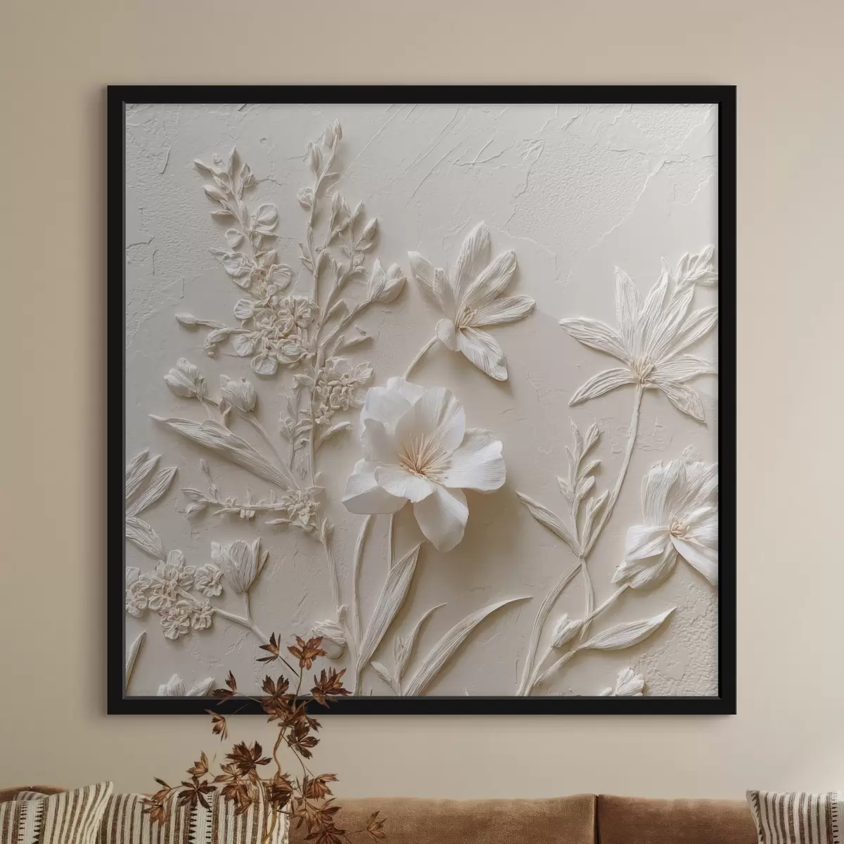 Poster Blumenmotiv: Basrelief mit Pflanzen auf hellem Hintergrund f45536