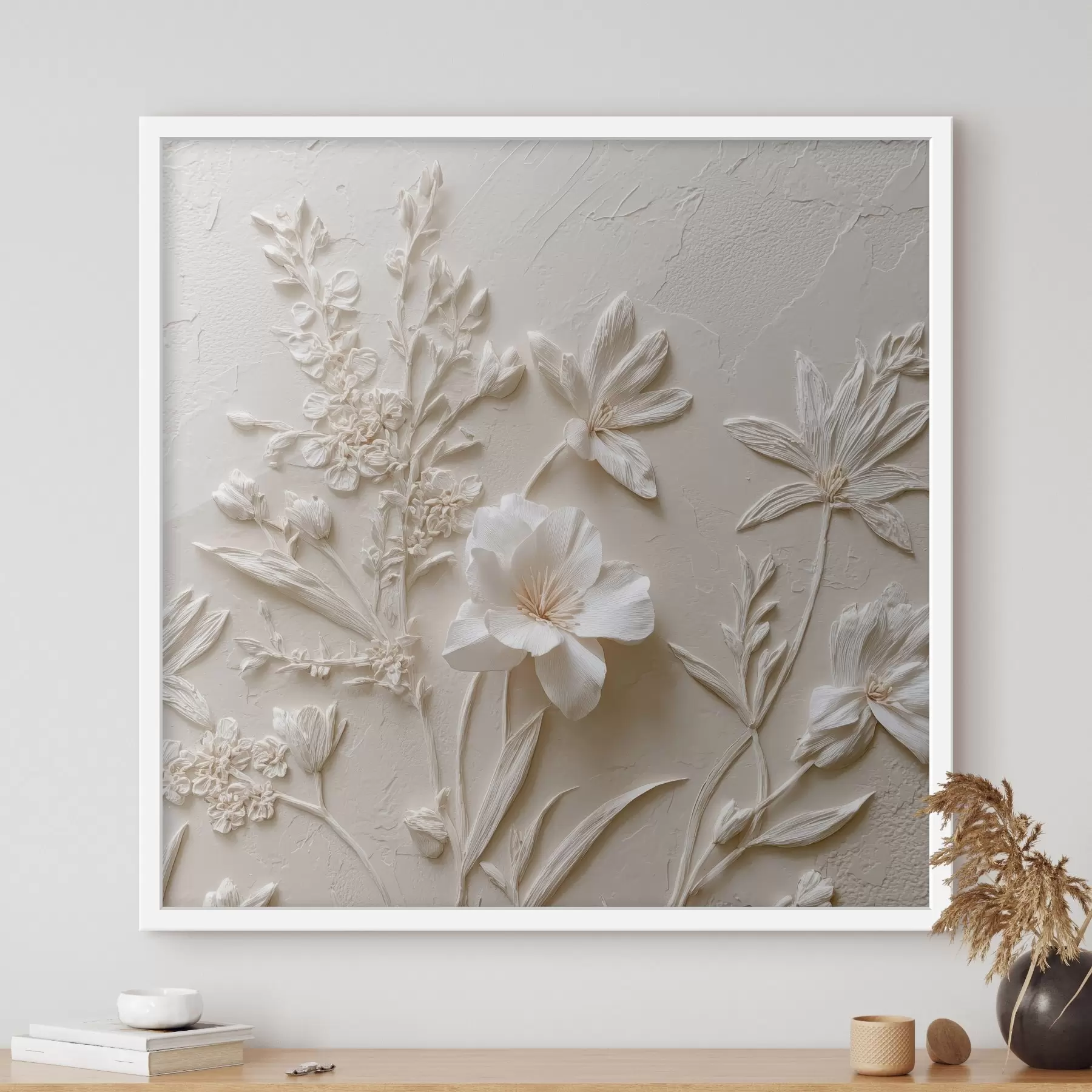 Fototapete Blumenmotiv: Basrelief mit Pflanzen auf hellem Hintergrund f45536