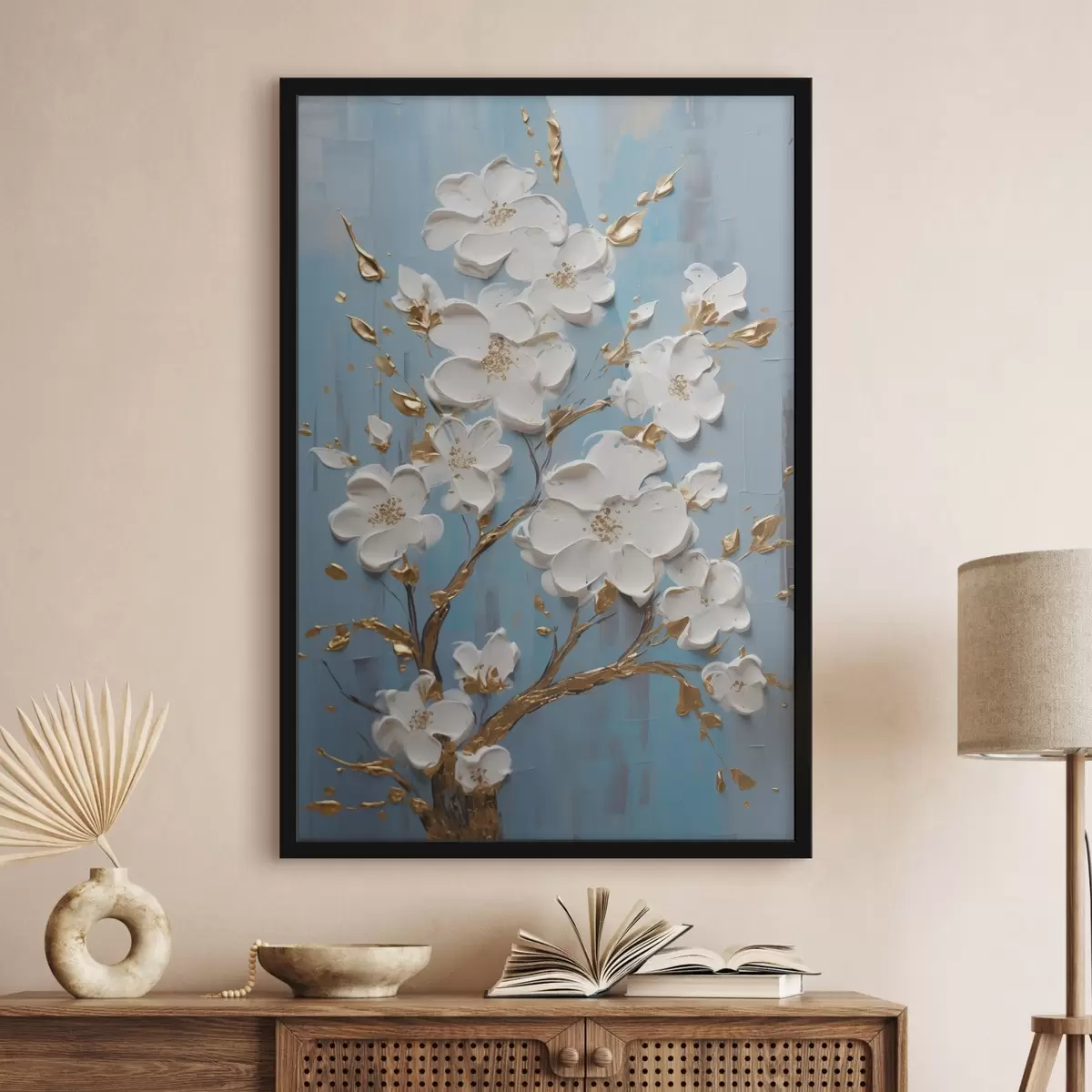Poster Weiße Blumen auf einem Zweig: dekoratives Motiv in hellen Blautönen f45541