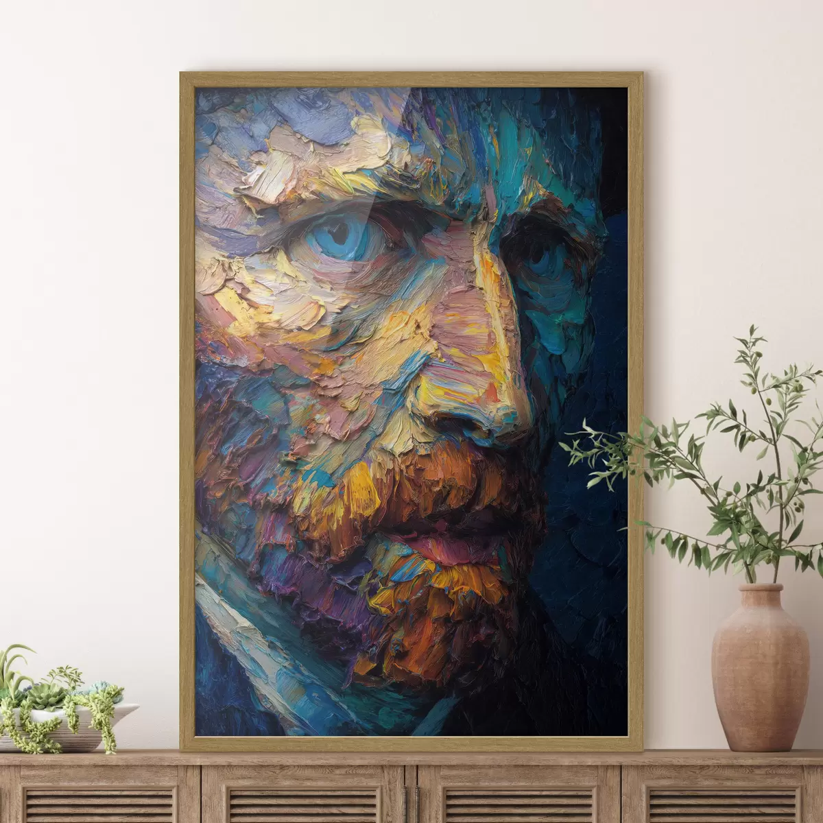 Poster Dekoratives Van-Gogh-Porträt: Reliefmalerei in Blau- und Orangetönen f45546