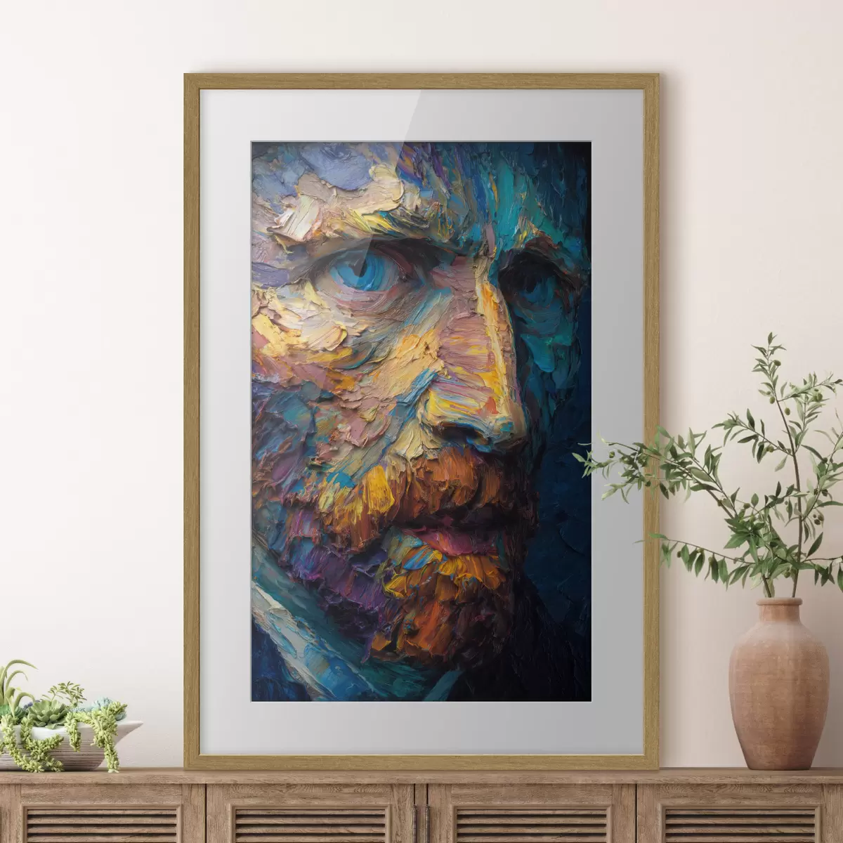 Poster Dekoratives Van-Gogh-Porträt: Reliefmalerei in Blau- und Orangetönen f45546