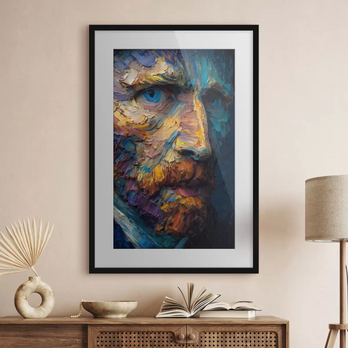 Poster Dekoratives Van-Gogh-Porträt: Reliefmalerei in Blau- und Orangetönen f45546