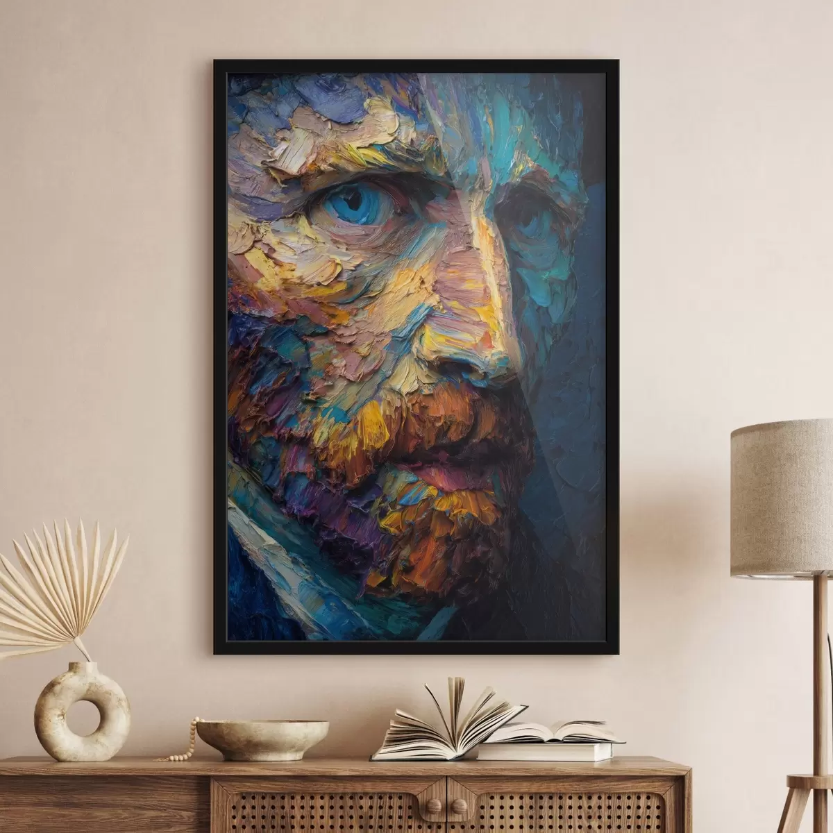 Poster Dekoratives Van-Gogh-Porträt: Reliefmalerei in Blau- und Orangetönen f45546