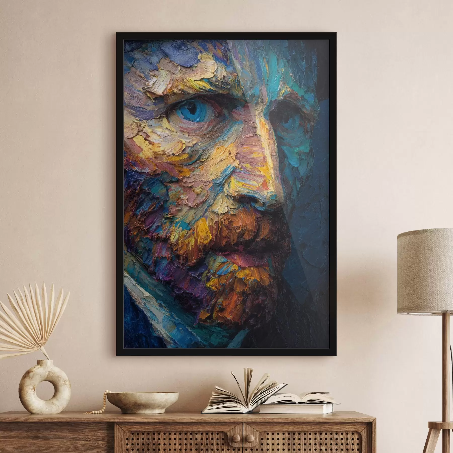 Fototapete Dekoratives Van-Gogh-Porträt: Reliefmalerei in Blau- und Orangetönen f45546