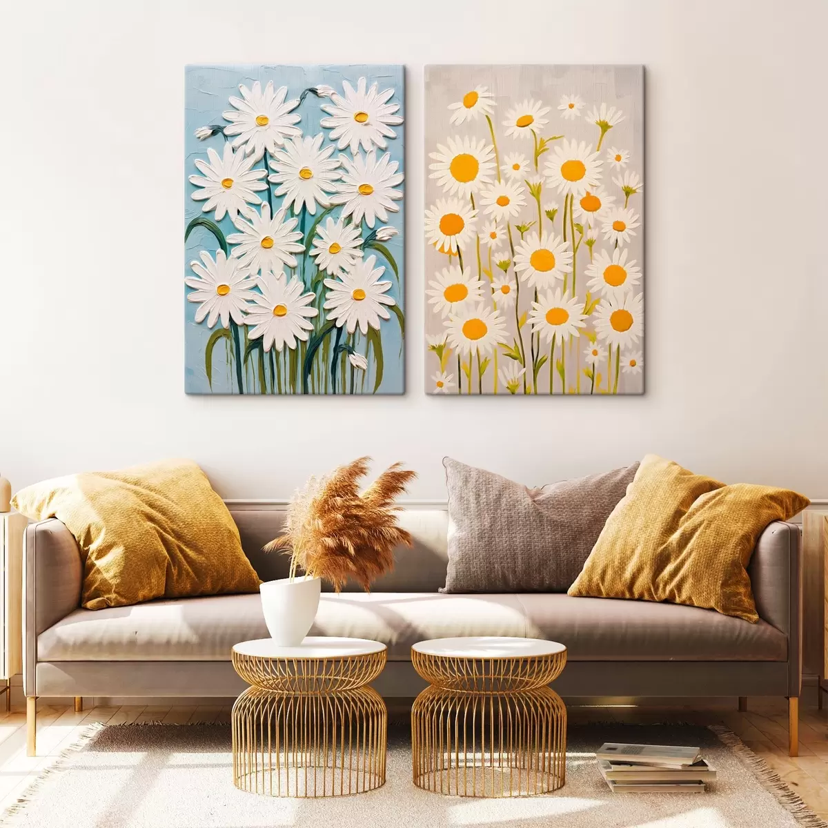 Fototapete Frühlingsfrische: Diptychon mit voluminösen Gänseblümchen im Impasto-Stil m00633