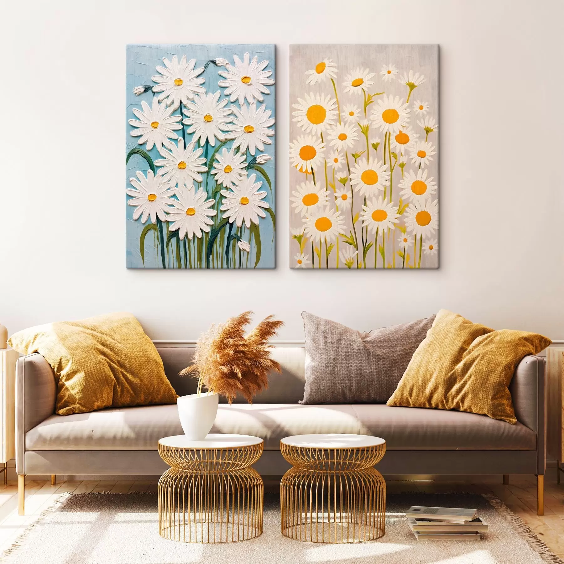 Fototapete Frühlingsfrische: Diptychon mit voluminösen Gänseblümchen im Impasto-Stil m00633