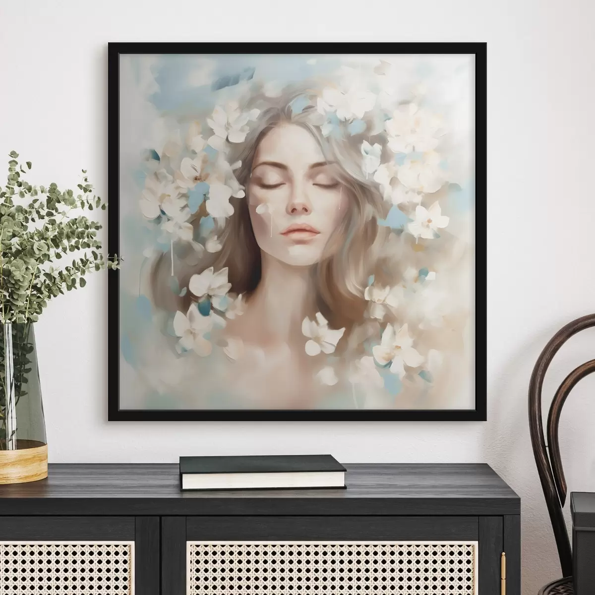 Poster Abstraktes Porträt einer Frau mit Blumen in Form von Pinselstrichen f45450