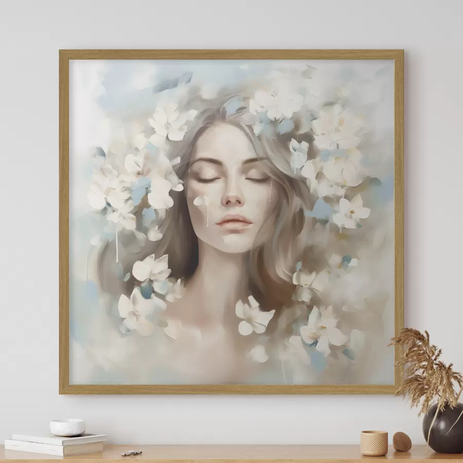 Fototapete Abstraktes Porträt einer Frau mit Blumen in Form von Pinselstrichen f45450