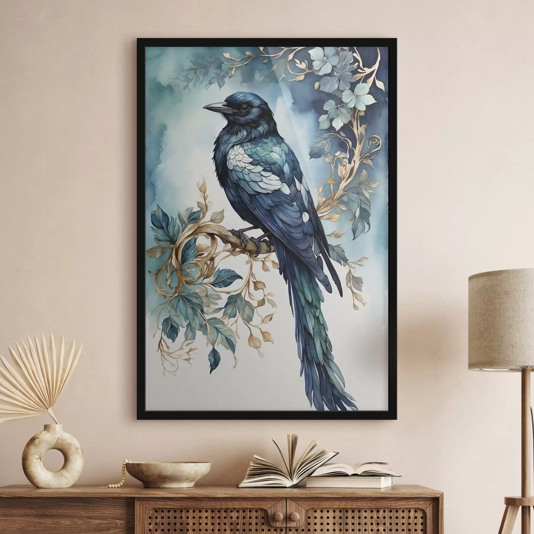 Fototapete Blauer Vogel auf einem Zweig mit Blättern im Aquarellstil f45483