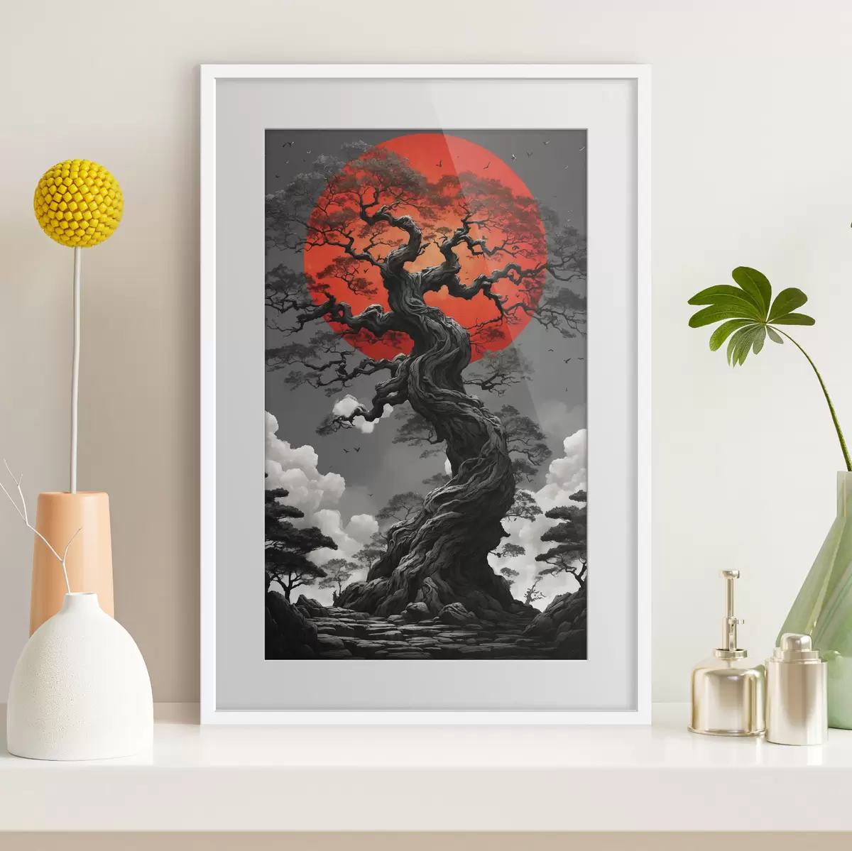 Poster Baum und rote Sonne f45485