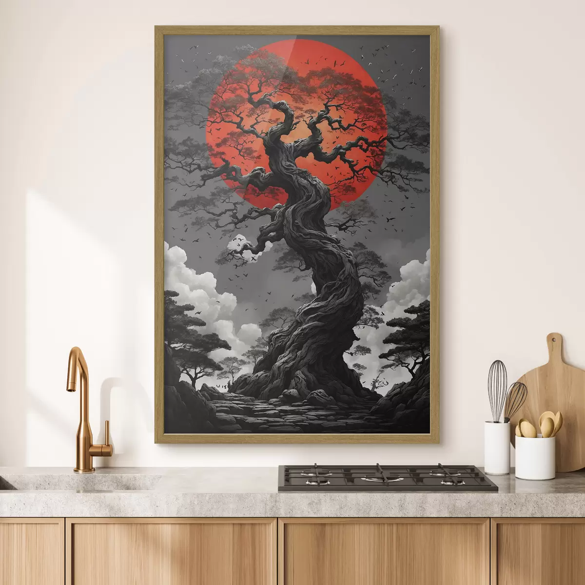 Poster Baum und rote Sonne f45485
