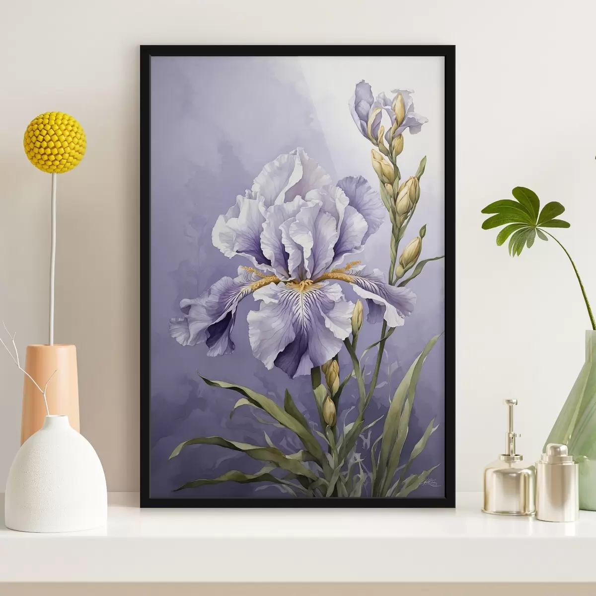 Poster Blauer Vogel auf einem Zweig mit Blättern im Aquarellstil f45486
