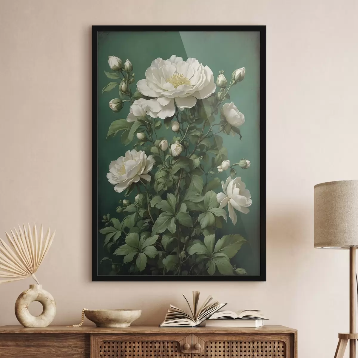 Poster Große blaue Mohnblumen mit Knospen auf hellem Hintergrund f45491