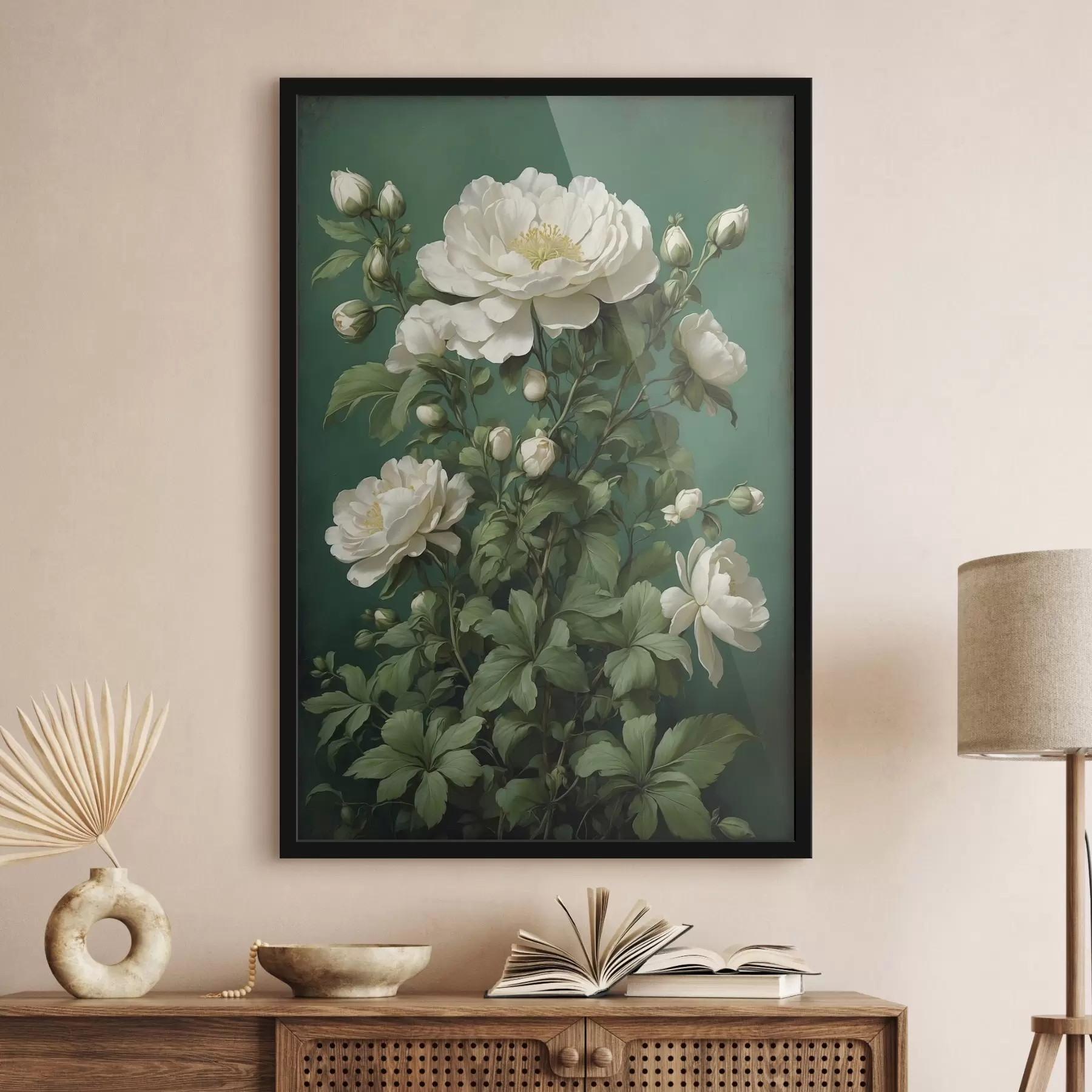Fototapete Cremefarbene Pfingstrosenblüten auf grünem Hintergrund f45491