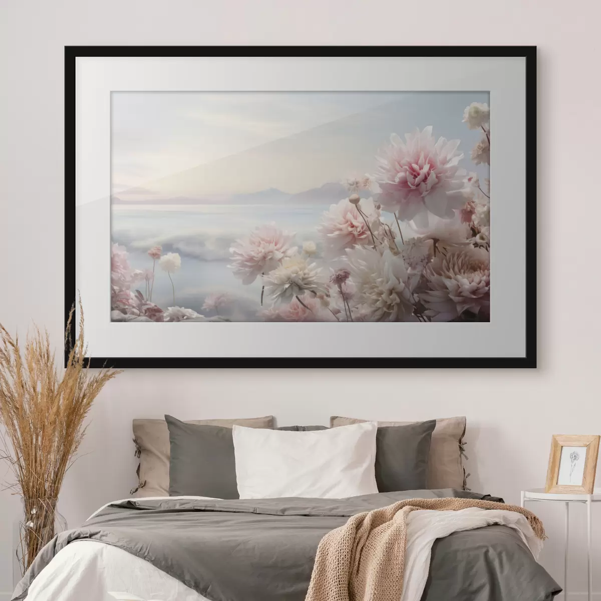 Poster Zartrosa Blumen am Meer in der Morgendämmerung f45496