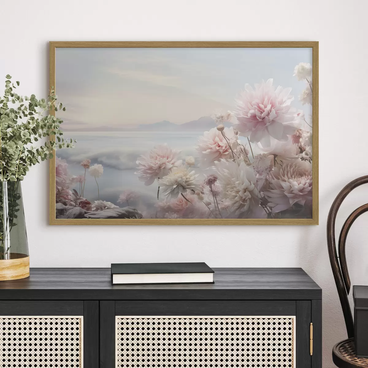 Poster Zartrosa Blumen am Meer in der Morgendämmerung f45496