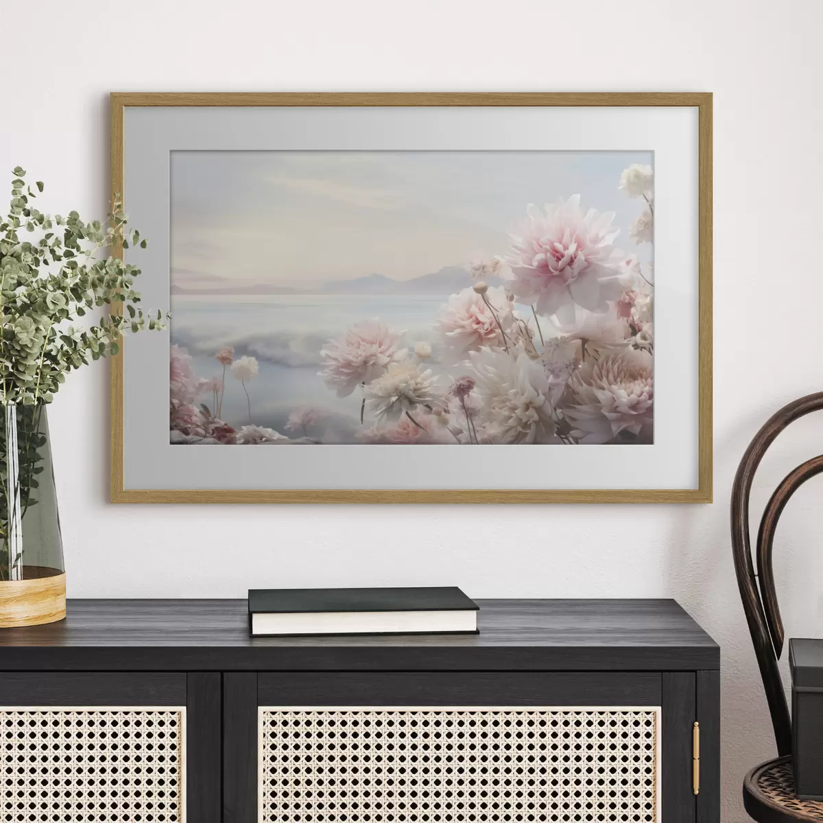 Poster Zartrosa Blumen am Meer in der Morgendämmerung f45496