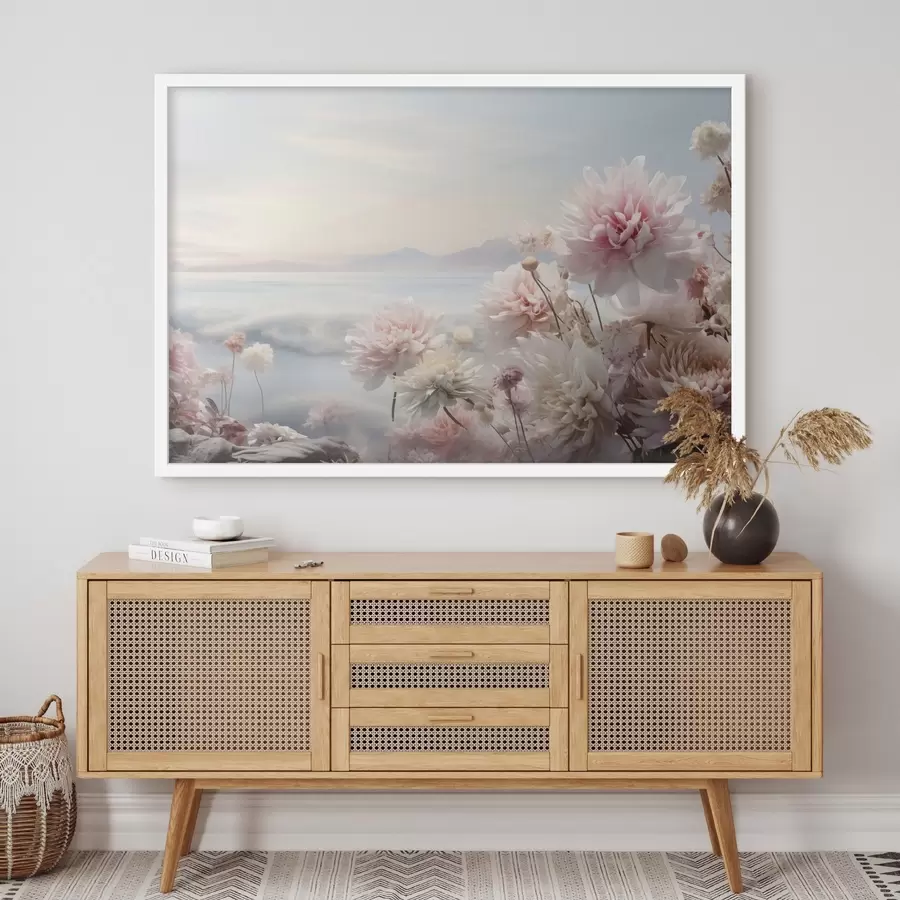 Fototapete Zartrosa Blumen am Meer in der Morgendämmerung f45496