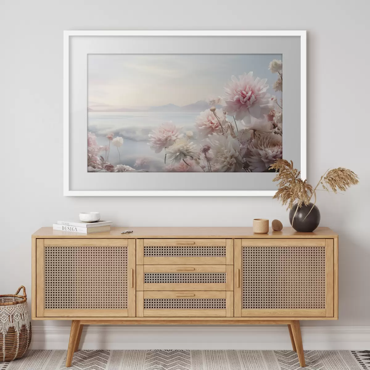 Poster Zartrosa Blumen am Meer in der Morgendämmerung f45496