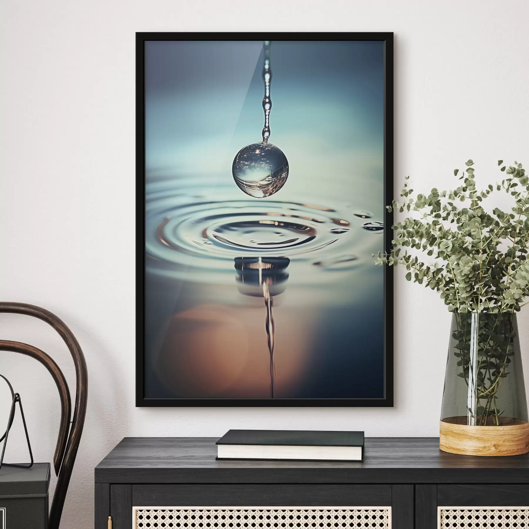 Fototapete Ein Wassertropfen, der mit Lichtblitzen fällt f45501