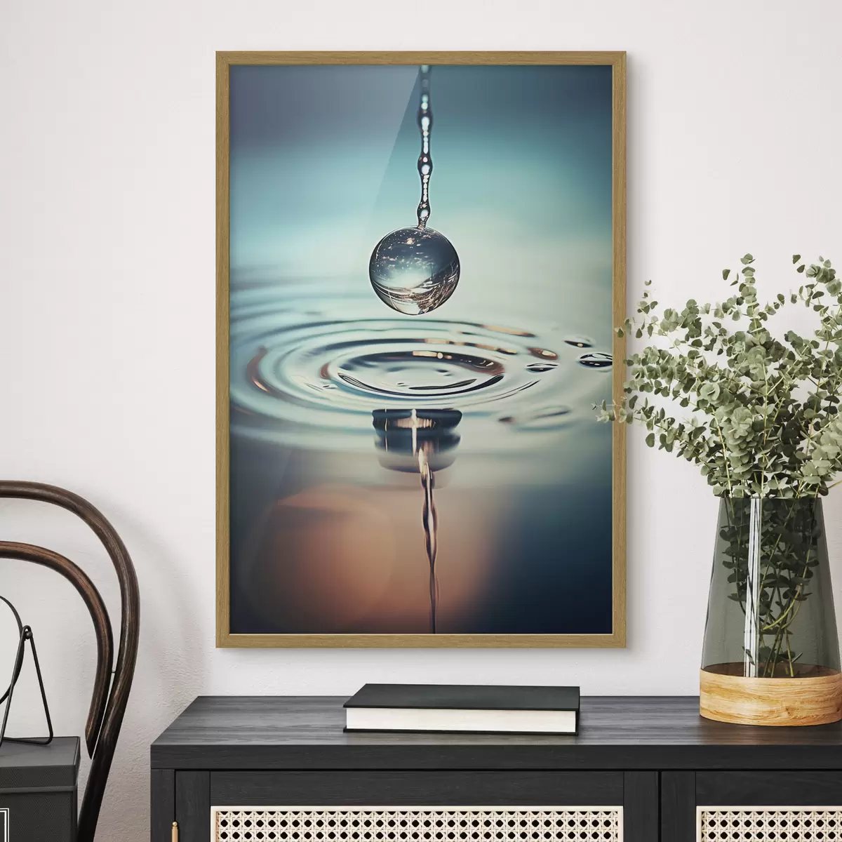 Poster Ein Wassertropfen, der mit Lichtblitzen fällt f45501