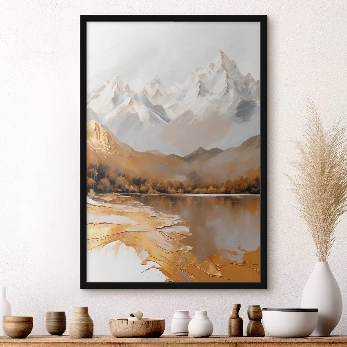Poster Berglandschaft mit einem See und Bäumen f45620