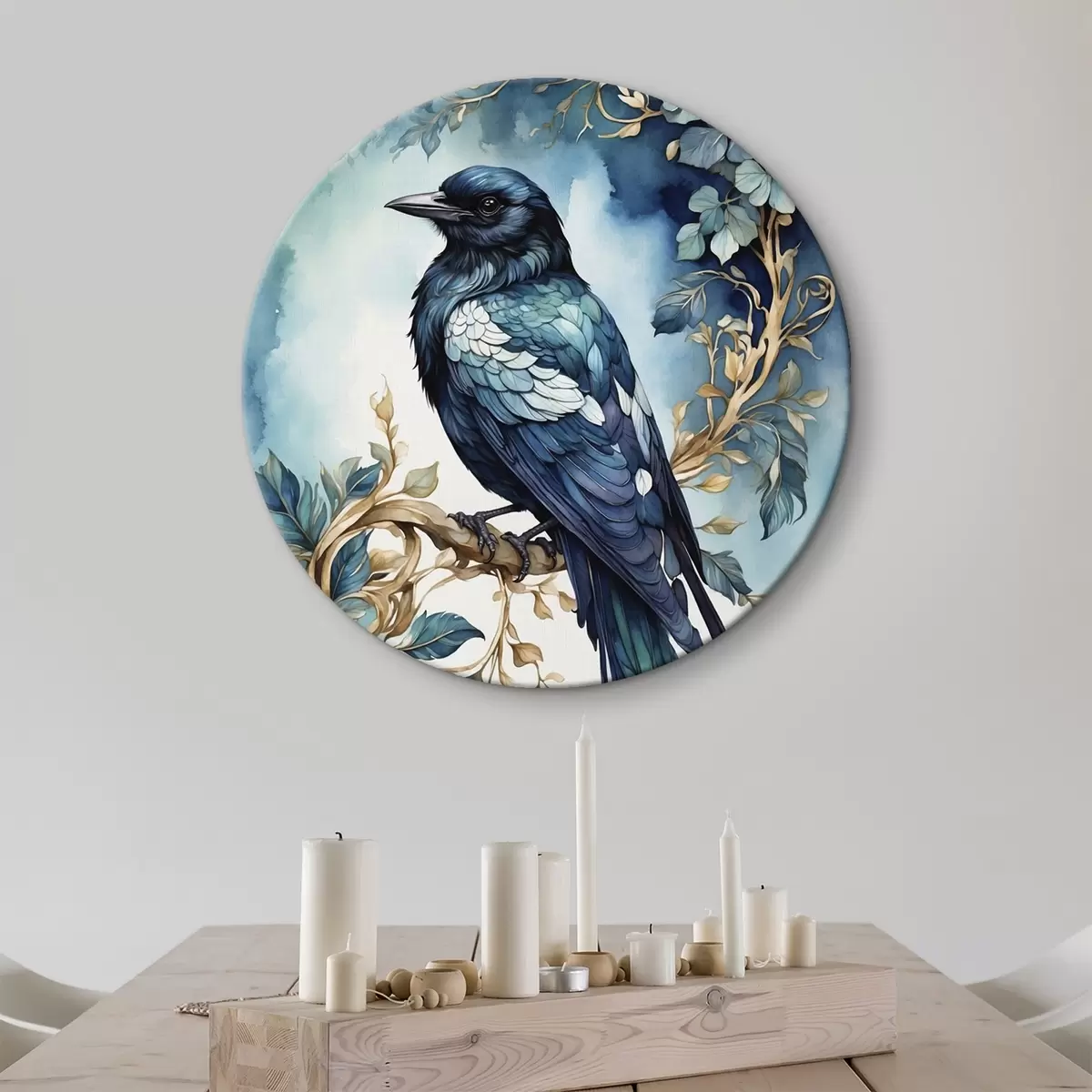 Runde Wandbilder Blauer Vogel auf einem Zweig mit Blättern im Aquarellstil r45483