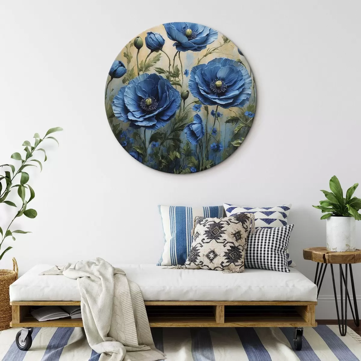 Runde Wandbilder Große blaue Mohnblumen mit Knospen auf hellem Hintergrund r45488